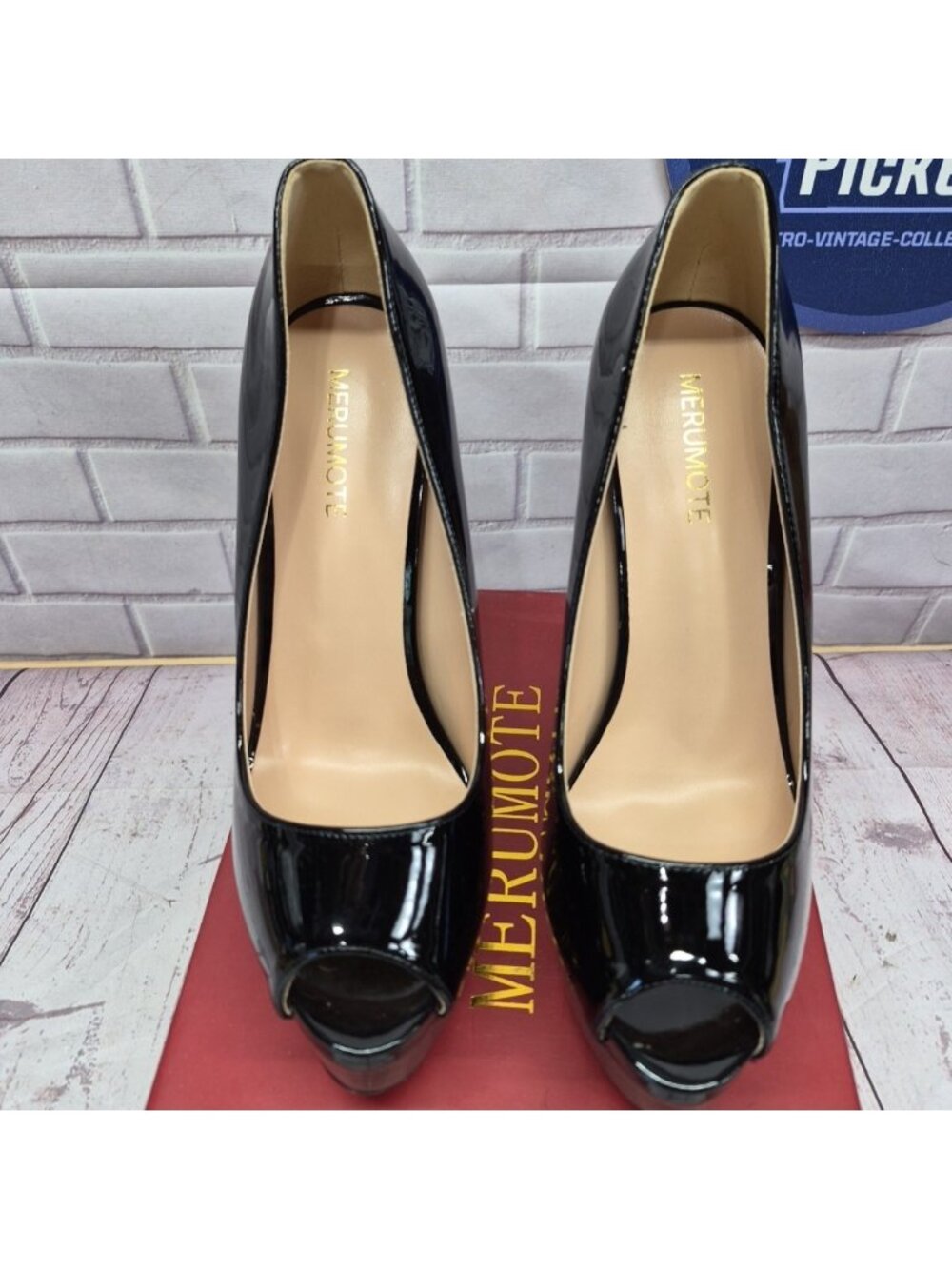 Merumote Black Patent Platform Stiletto Heels Peep Toe W/ Box Size 7.5 - Picture 5 of 7